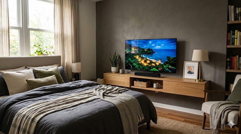 42 inch OLED TV in a small bedroom setup