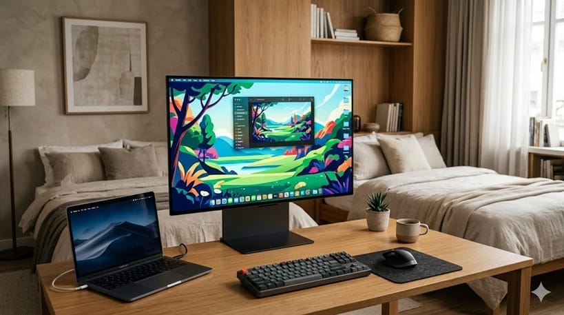 48 inch OLED TV on a bedroom desk setup