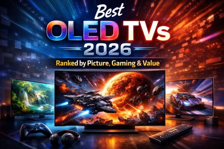 Best OLED TVs 2026 lineup — LG C6, Samsung S95F, LG G6, Sony BRAVIA 8 II comparison photo on dark background