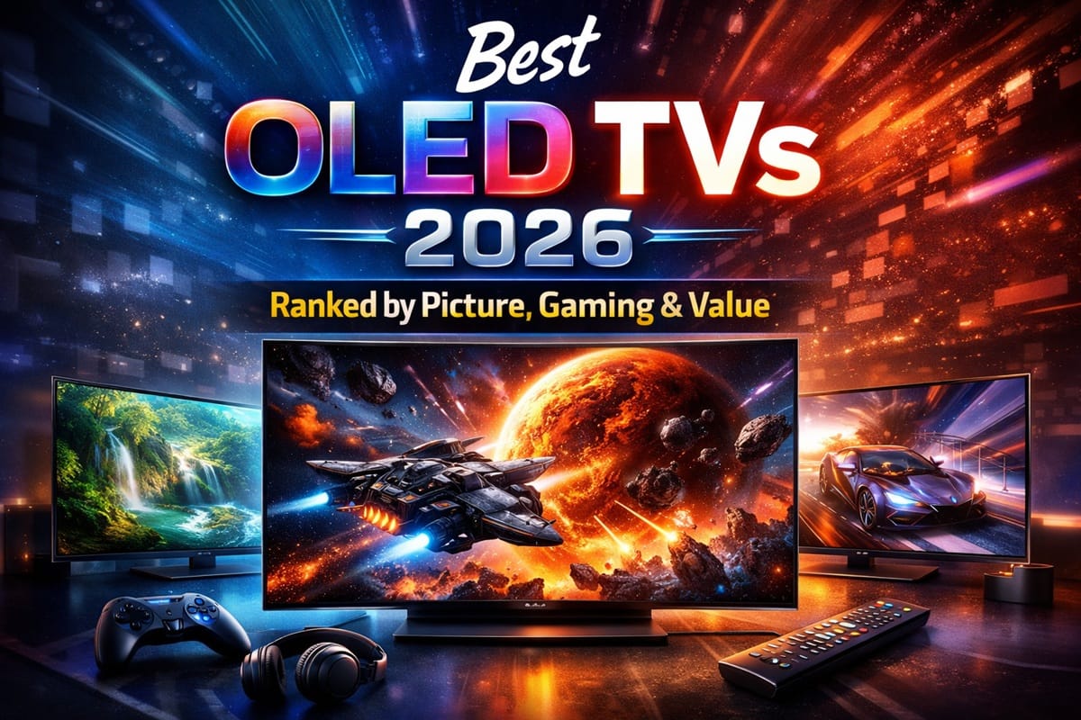 Best OLED TVs 2026 lineup — LG C6, Samsung S95F, LG G6, Sony BRAVIA 8 II comparison photo on dark background
