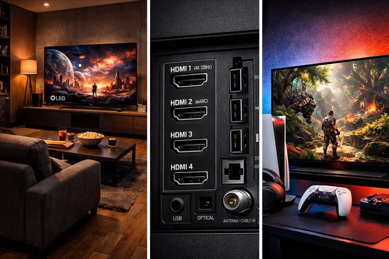 Close-up of LG C6H rear panel showing four HDMI 2.1 ports and connectivity options