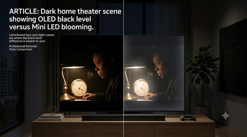 Dark home theater scene showing OLED black level versus Mini LED blooming