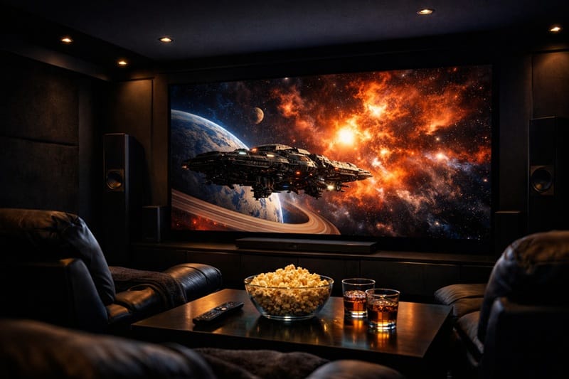Home theater room with OLED TV set up for movie night