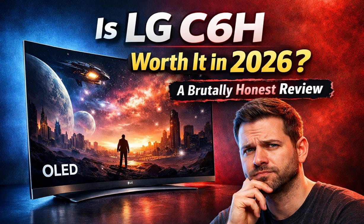 LG C6H OLED 77-inch TV displayed in a dimly lit home theater living room showing vivid HDR content