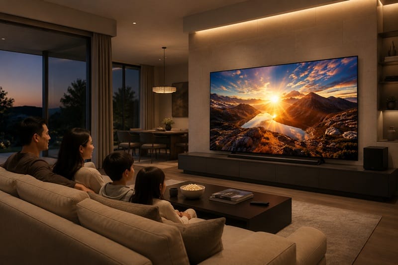 LG C6H OLED 83-inch television in a spacious modern living room with family watching content