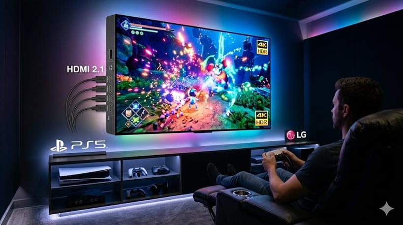 LG C6H connected to PS5 displaying a 4K HDR game with vivid colors and deep contrast in a gaming setup