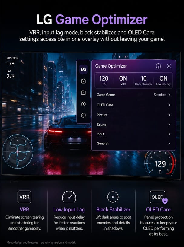 LG G6 OLED Game Optimizer menu overlay showing VRR and input lag settings during gameplay
