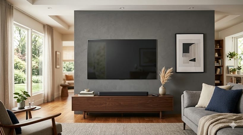 LG OLED TV mounted on living room wall home theater setup