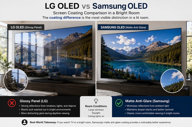 LG OLED vs Samsung OLED screen coating comparison bright room