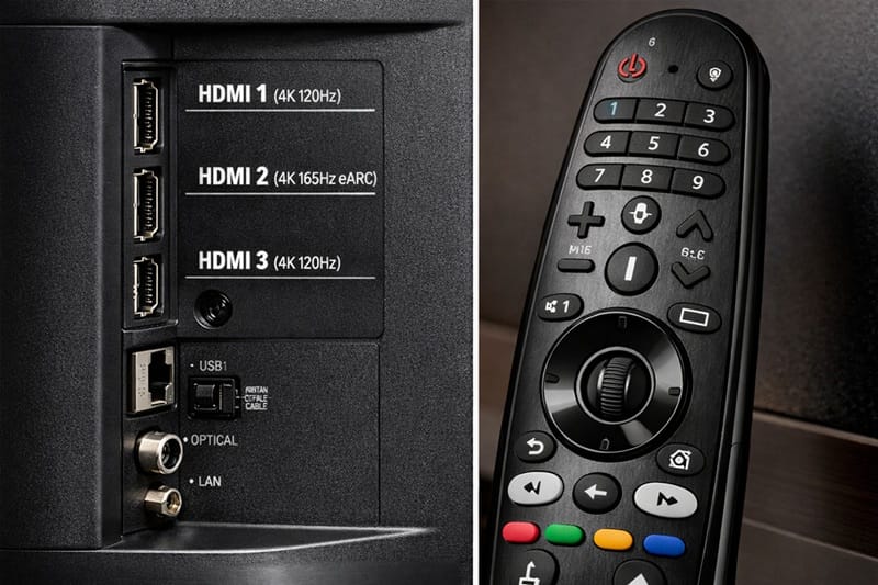 LG OLED42C6PUA ports and remote close-up