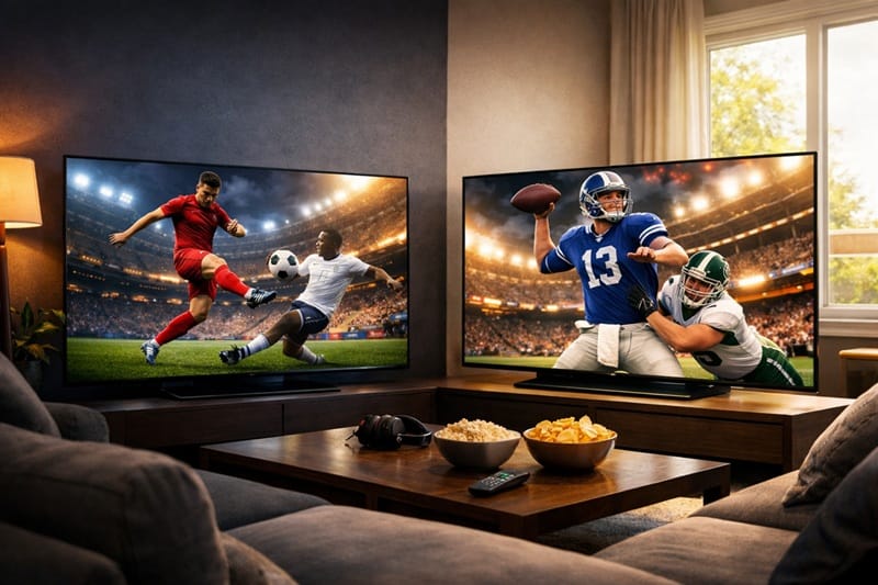 Living room sports setup comparing OLED and Mini LED TVs