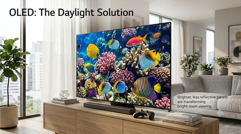Living room with a bright OLED TV in daylight