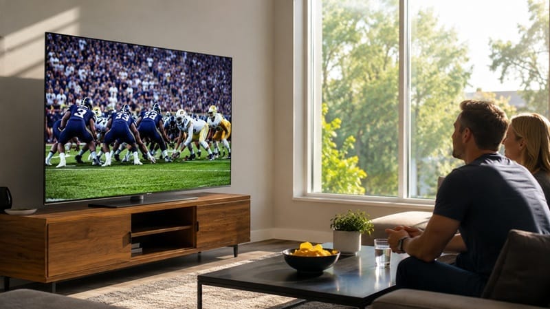 Mini LED TV brightness in sunlit living room during daytime sports