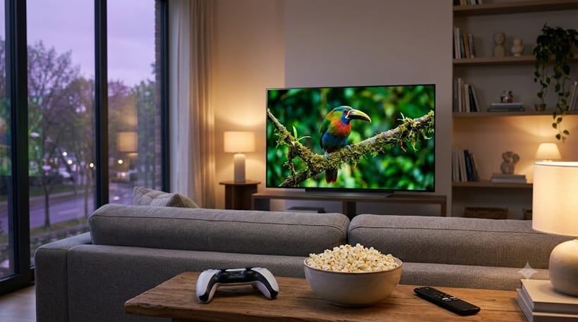 Mixed content home theater setup showing varied OLED TV usage