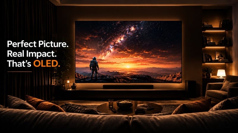 OLED TV in living room showing picture quality in home theater setup
