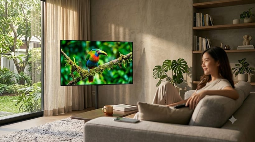 OLED TV in living room with mixed content on screen