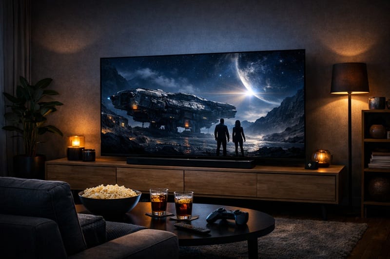 OLED TV movie night living room setup