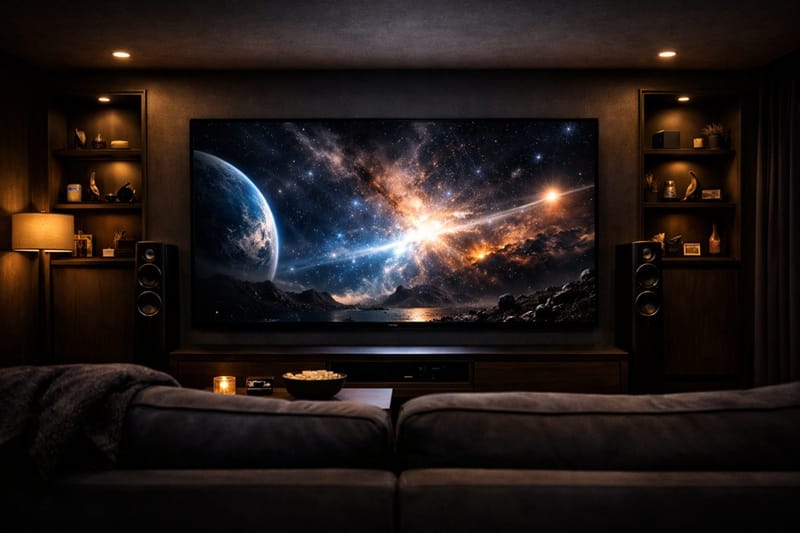 OLED TV pros and cons — OLED panel displaying deep blacks in dark room