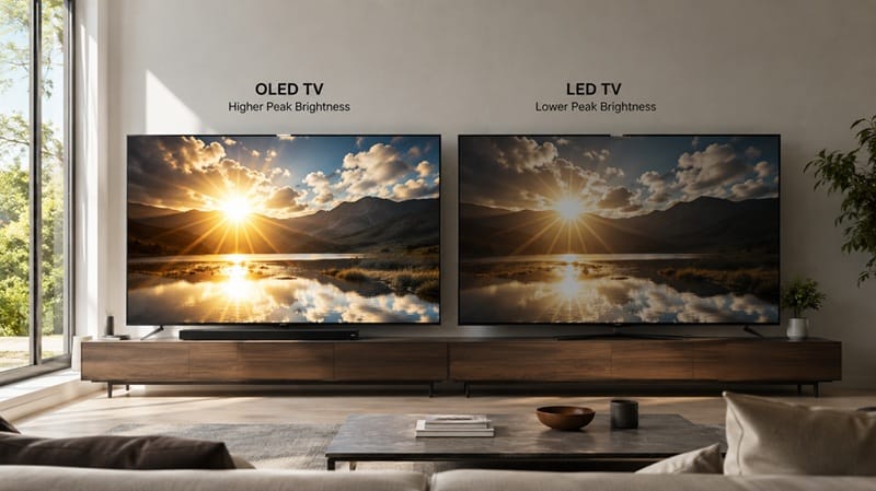OLED TV showing HDR highlight performance versus LED TV in bright room conditions