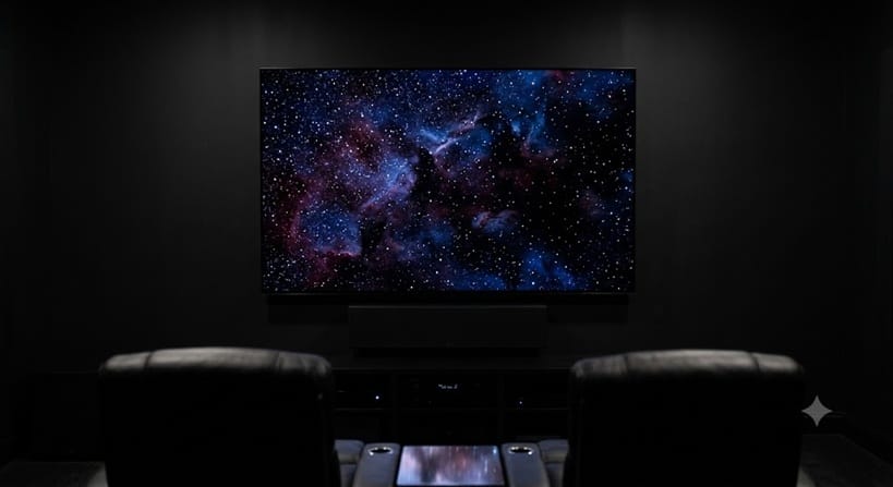 OLED TV showing deep black levels in dark room