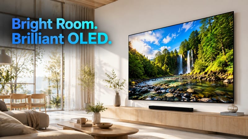 OLED TV wall-mounted in bright living room ambient light