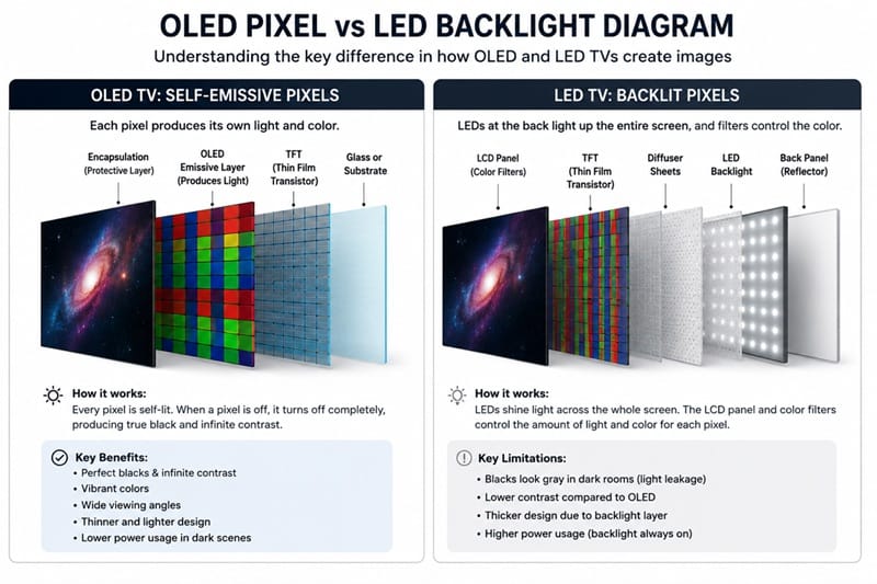 OLED pixel vs LED backlight diagram