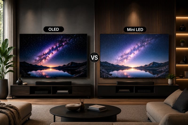 OLED vs Mini LED TV comparison in modern living room setup