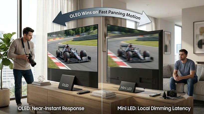 OLED vs Mini LED for Sports TV side by side during live sports broadcast