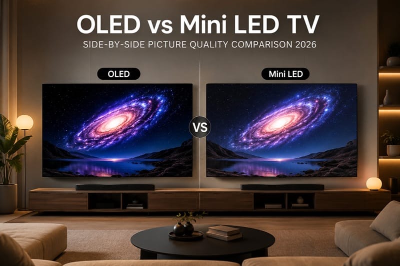 OLED vs Mini LED TV side-by-side picture quality comparison 2026