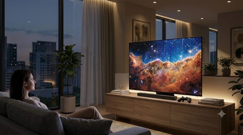 Person watching OLED TV in dim room