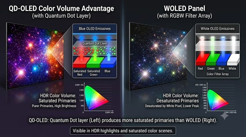 QD-OLED color volume advantage over WOLED panel diagram