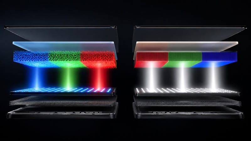QD-OLED vs WOLED panel structure comparison diagram