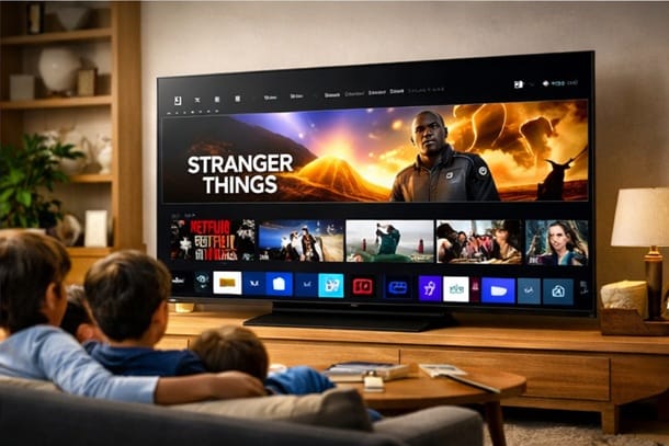 Samsung 65QN70H Neo QLED TV in a family living room setting with streaming content displayed on screen
