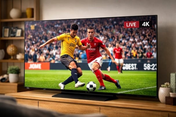 Samsung 65QN70H displaying a 4K sports broadcast with vivid colors in a bright living room test environment
Sports broadcast performance in bright ambient light — the QN70H Mini-LED backlight is genuinely hard to beat at this price tier for this specific use case.