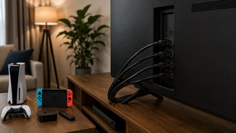 Samsung 77-inch S90H rear panel showing four HDMI 2.1 ports