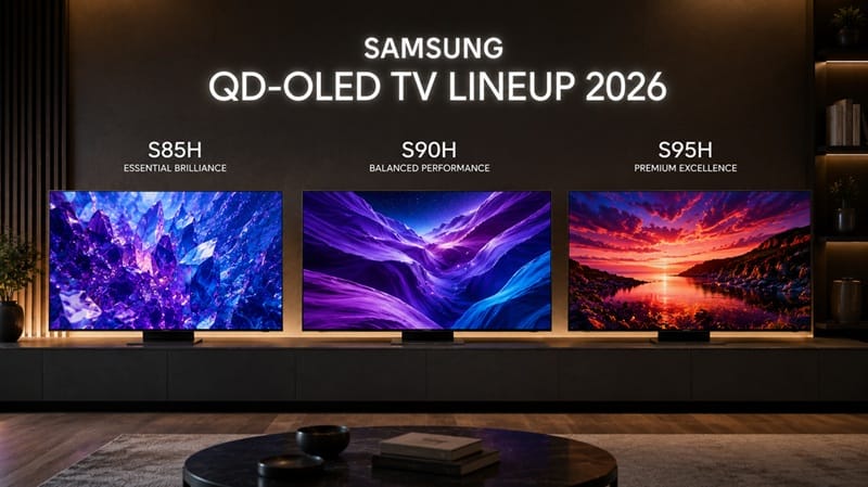 Samsung QD-OLED TV lineup 2026 — S85H, S90H and S95H side by side
