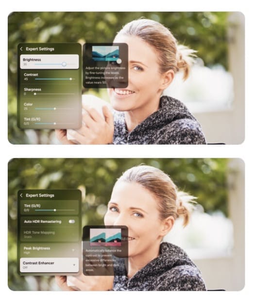 Samsung S90F Tizen Expert Settings menu Brightness Sharpness Contrast Enhancer