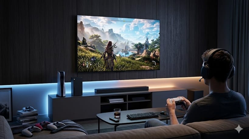 Samsung S90H OLED gaming setup dark room 2026