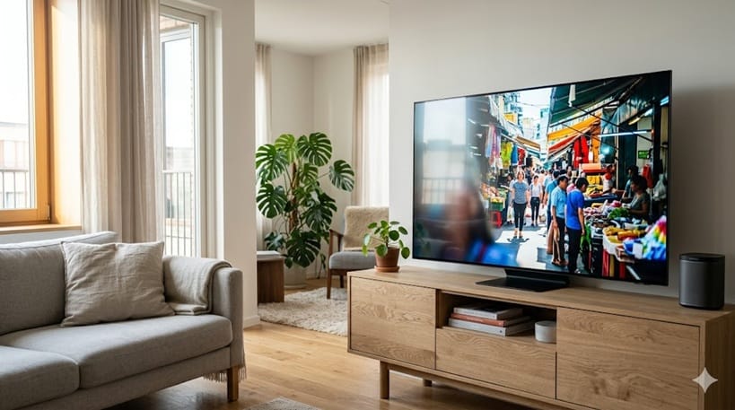 Samsung S90H QD-OLED in a bright living room showing Glare-Free anti-reflection performance
