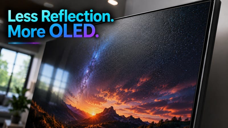 Samsung S95H OLED TV in bright living room showing Glare Free coating in action