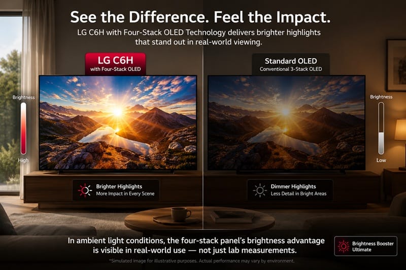 Side-by-side comparison showing LG C6H displaying vivid HDR highlights versus a dimmer standard OLED panel in the same room