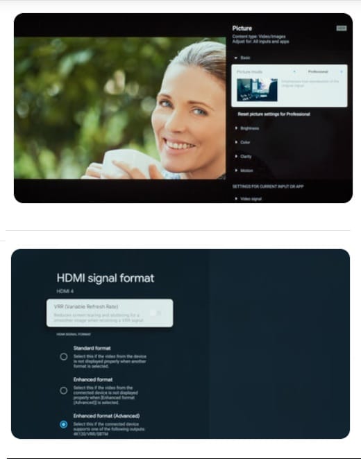 Sony Bravia 8 Google TV Picture menu Professional mode Brightness Color Clarity Motion