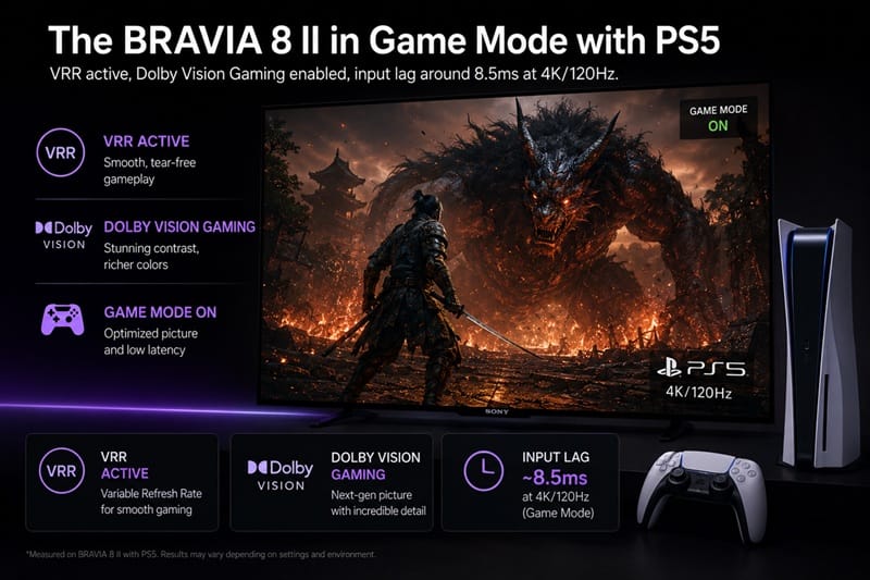Sony BRAVIA 8 II showing Game Mode settings with PS5 connected