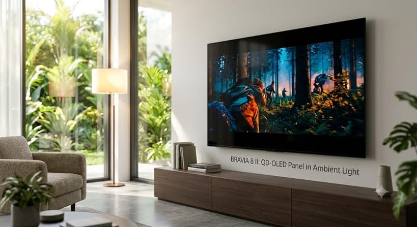 Sony BRAVIA 8 II displaying 4K HDR content with vivid QD-OLED colors in ambient lighting