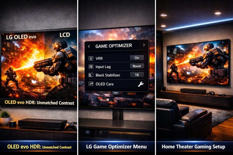 LG G6 OLED 2026 in a home theater gaming setup with PS5 and gaming chair