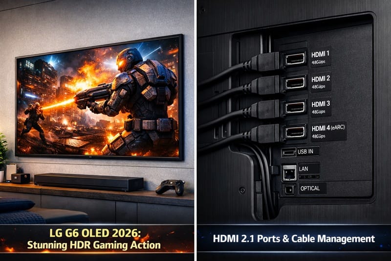 LG G6 OLED 2026 rear panel showing four HDMI 2.1 ports and slim wall-mount design