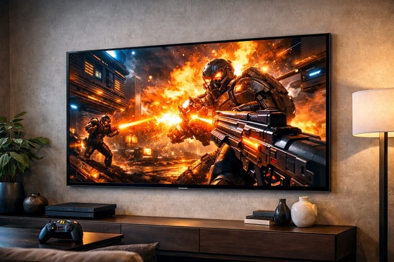 LG G6 OLED 2026 TV mounted on wall displaying a vibrant 4K gaming scene