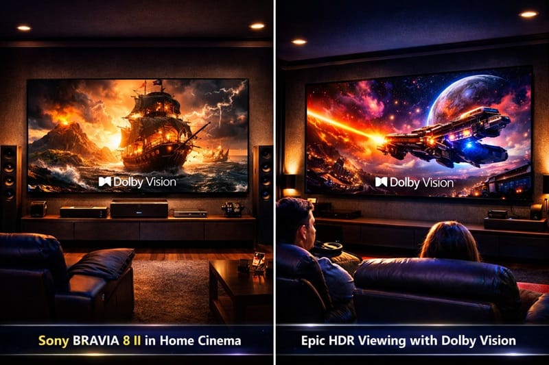 Sony BRAVIA 8 II QD-OLED TV displaying vivid HDR home cinema content in a dark room
