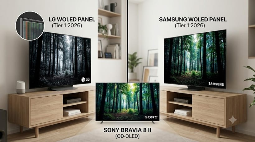 WOLED vs QD-OLED panel comparison LG Samsung Sony 2026