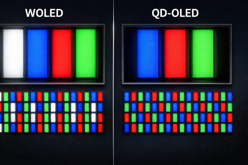 WOLED vs QD-OLED subpixel structure comparison